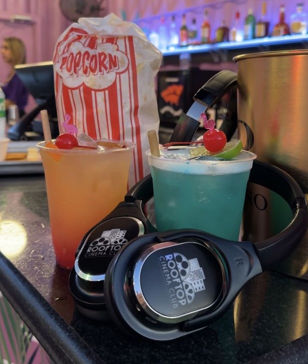 cocktails, headphones, and popcorns